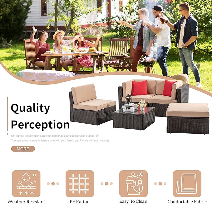 Shintenchi 5 Pieces Patio Furniture Sets Outdoor All-Weather Sectional Patio Sofa Set PE Rattan Manual Weaving Wicker Patio Conversation Set with Glass Table&Ottoman Cushion and Red Pillows - LeafyLoom