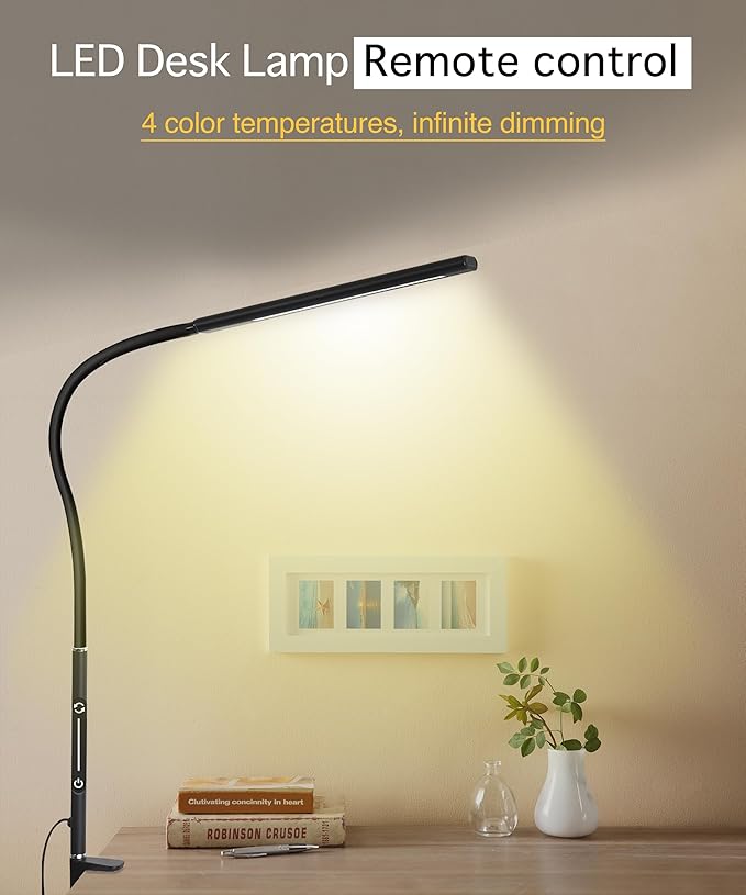 LED Desk Lamp for Office Home, Remote Control Desk Light with Stepless Dimming Adjustable Flexible Gooseneck,Eye-caring Clip on Table Lamp with 4 Color Modes, Workbench Drafting Reading Study bedrooms - LeafyLoom