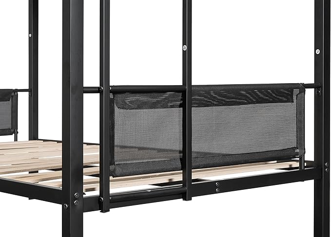 Twin over twin bunk bed with Trundle,Sturdy Metal Frame,Noise-Free Wood Slats,Comfortable Textilene Guardrail, 2 side Ladders,Space-Saving-Trundle,Bunk-Bed for Three,No Box Spring Needed,Black - LeafyLoom