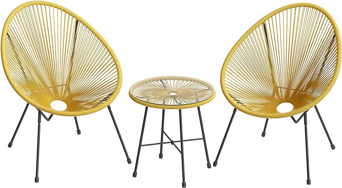 SONGMICS 3-Piece Outdoor Seating Acapulco Chair, Modern Patio Furniture Set, Glass Top Table and 2 Chairs, Indoor and Outdoor Conversation Bistro Set, Yellow UGGF011Y01 - LeafyLoom