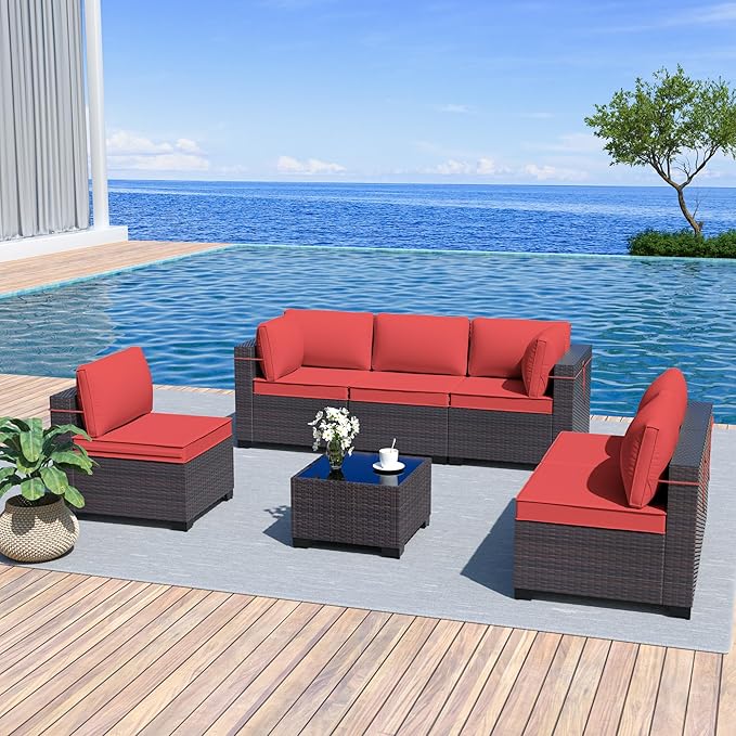 Outdoor Furniture Set 7PCS Patio Furniture for Backyard Wicker Sectional Sofa Set 6 Seats, PE Rattan Outdoor Conversation Set with Thickened Cushions and Glass Coffee Table, Red - LeafyLoom