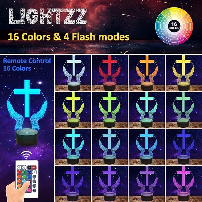 Jesus Cross 3D LED Night Light for Friends Xmas Easter Room Decor Gifts, Crucifix Optical Illusion Desk Table Lamp with Remote + 16 Color Flashing Change + Timer - LeafyLoom