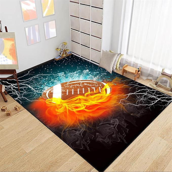 Football Rug Football Decor for Boys Bedroom Football Rug Water and Fire Cool Room Decoration Soccer Rug for Boys Room Football Printed Rug for Kids Room Playmat Rugs for Kids Room Living Room,3'×5' - LeafyLoom