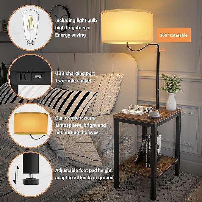 LED Floor Lamp with Table - Rustic End Table with USB Charging Port, Power Outlet, Bedside Nightstand Shelves, Side Table with Reading Standing Light for Living Room, Bedroom, Bulb Included - LeafyLoom