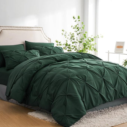 Ubauba 7pc King Size Comforter Set with Sheets Dark Green, Emerald 7 Pieces Pinch Pleat Bed in a Bag, All Season Hunter Green Beddings Set with Comforters (Green,King) - LeafyLoom