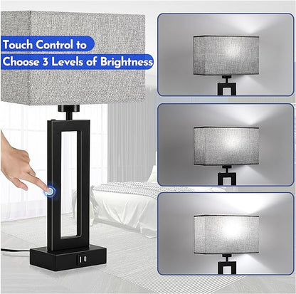 Nightstand Lamps for Bedrooms Set of 2 Touch Control Table Lamp Bedside Lamp with USB C+A, 3 Way Dimmable Living Room Lamps for End Tables Modern Night Stand Lamps for Bed Side Guest Room, Gray&Black - LeafyLoom