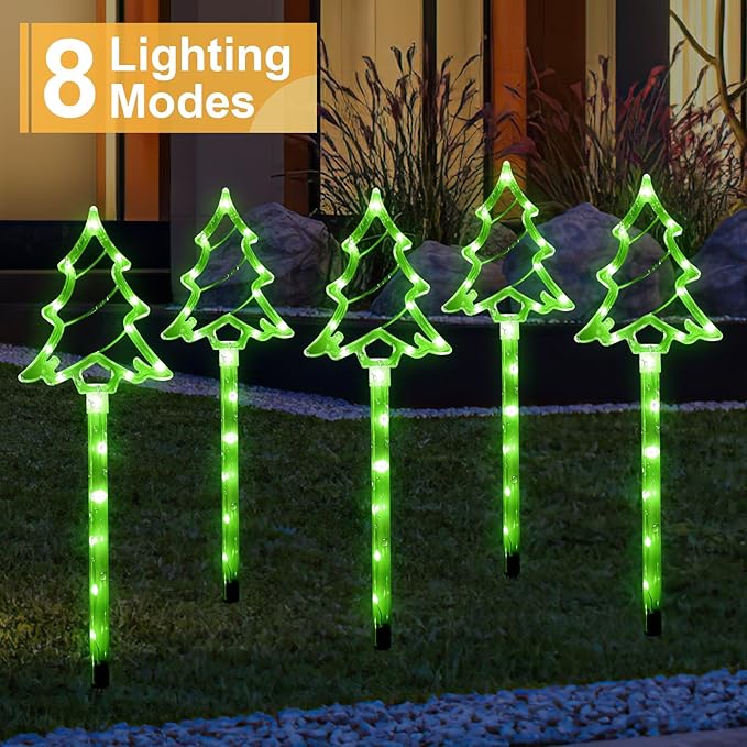 Solar Christmas Garden Lights Outdoor Decorations, 8 Modes Xmas Tree Candy Lights Waterproof Led Garden Stake Lights for Walkway Yard Lawn Porch Holiday Decor 5-Pack BRIGHTDECK