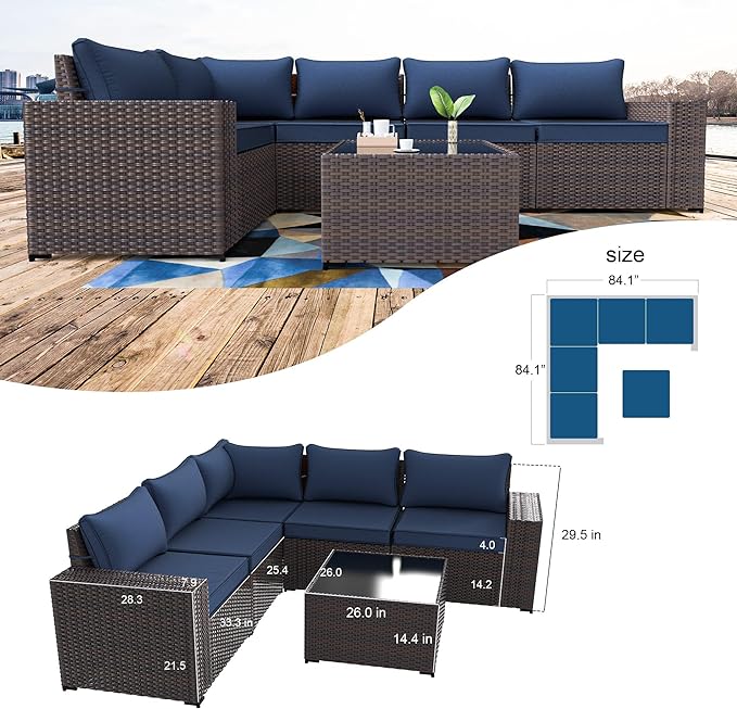 Kullavik 6PCS Outdoor Patio Furniture Set PE Wicker Rattan Sectional Sofa Patio Conversation Sets,Navy blue - LeafyLoom