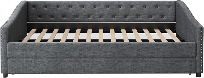 Full Size Upholstered Daybed with Twin Size Trundle,Wood Sofa Bed Frame W/Button Tufted Back and Nailhead Decorated Waved Shape Arms,Slat Support,for Bedroom,Living Room,Apartment,Dark Gray - LeafyLoom