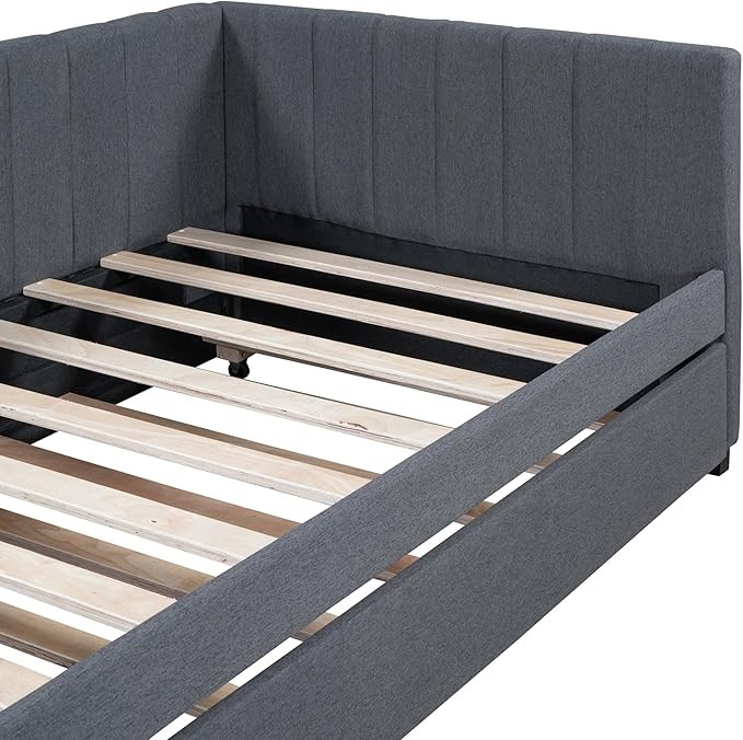 Twin Size Upholstered Linen Daybed with 2 Trundle,Semi-Closed Design,Solid Wood Bed Frame,W/Backrest and Slat Support,No Box Spring Needed,for Apartment Bedroom,Gray - LeafyLoom