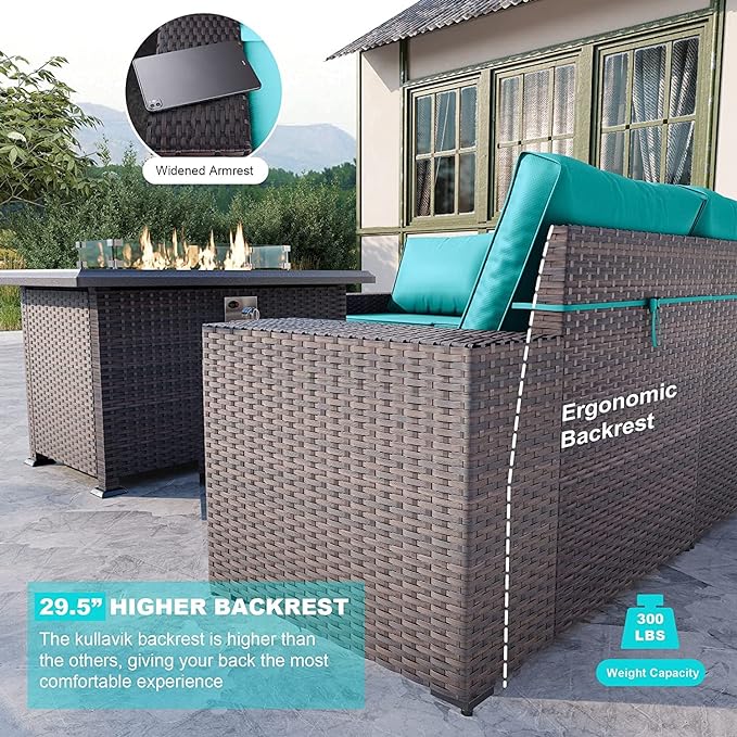 Kullavik 13 Pieces Outdoor Patio Furniture Set with 43" 55000BTU Gas Propane Fire Pit Table PE Wicker Rattan Sectional Sofa Patio Conversation Sets,Blue - LeafyLoom