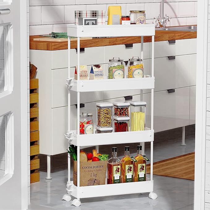 SPACEKEEPER Slim Rolling Storage Cart 4 Tier Bathroom Organizer Mobile Shelving Unit Utility Cart Tower Rack for Kitchen Laundry Narrow Places, White - LeafyLoom