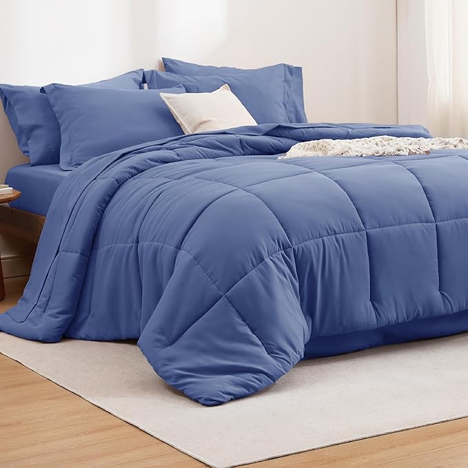 Bedsure Infinity Blue King Size Comforter Set - 7 Pieces Solid King Bed in a Bag, King Bed Set Infinity Blue with Comforters, Sheets, Pillowcases & Shams - LeafyLoom