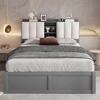 Wood Full Size Platform Bed with Storage Headboard and 4 Drawers, Gray - LeafyLoom