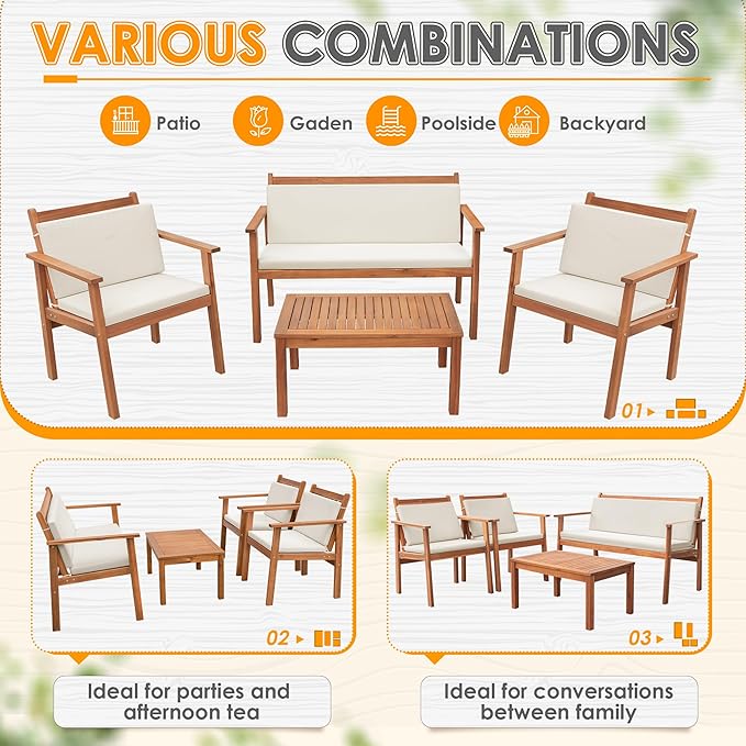 Greesum 4 Piece Bistro Patio Furniture Outdoor Chat Chair Set with Water Resistant Cushions and Coffee Table for Beach Backyard Garden, Acacia Wood - LeafyLoom