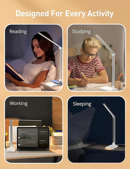 LED Desk Lamp, Desk Lamp with Wireless Charger, Dimmable Eye-Caring Table Lamps with Night Light, USB Charging Port, 4 Color Modes, 4 Brightness Levels, Memory Function, Desk Light for Home Office - LeafyLoom