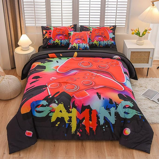 Aimuan Gaming Comforter Sets for Boys Kids Bedding Sets Video Games Console Action Buttons Novelty Colorful Game Gamepad Controller Modern Gamer Room Decor Home Quilt Set (Queen 6 Pcs,Black) - LeafyLoom