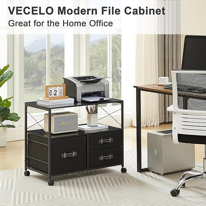 VECELO 3 Mobile File Cabinet Rolling Printer Stand with Open Shelf, Fabric Lateral Storage Station for Home Office,Drawer Adapts Letter Size Hanging Folders, Black - LeafyLoom