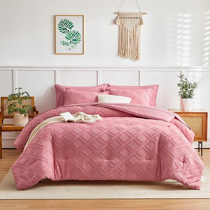 7 Pieces Tufted Bed in a Bag King Comforter Set with Sheets Pink, Soft and Embroidery Shabby Chic Boho Bohemian, Luxury Solid Color with Diamond Pattern, Jacquard Tufts Bedding Set for All Season - LeafyLoom