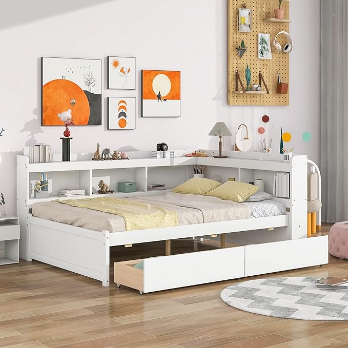 Full Size Wooden Daybed with L-Shaped Bookcases and 2 Storage Drawers, Modern Day Sofa Bed Frame with Headboard for Living Room, Bedroom, Guestroom, Easy Assembly, White - LeafyLoom