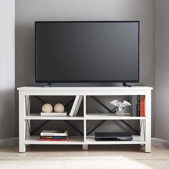 Henn&Hart Rectangular TV Stand for TV's up to 55" in White, TV Stands for the Living Room - LeafyLoom