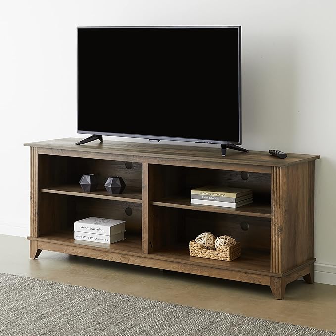 ROCKPOINT 58inch TV Stand Media Console for TV’s up to 65 Inches, Home Living Room Storage Console, Entertainment Center with 4 Open Storage Shelves, Modern TV Console Table (Rustic Oak) - LeafyLoom