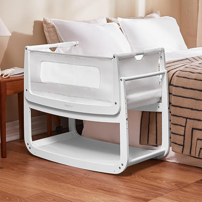 SnuzPod4, Bassinet Bedside Sleeper - Comfortable Baby Crib and Bed, 3D Breathable Mattress, Fits Bed with Adjustable Max. Height of 28.5”, Machine Washable Mesh Liner (White) - LeafyLoom