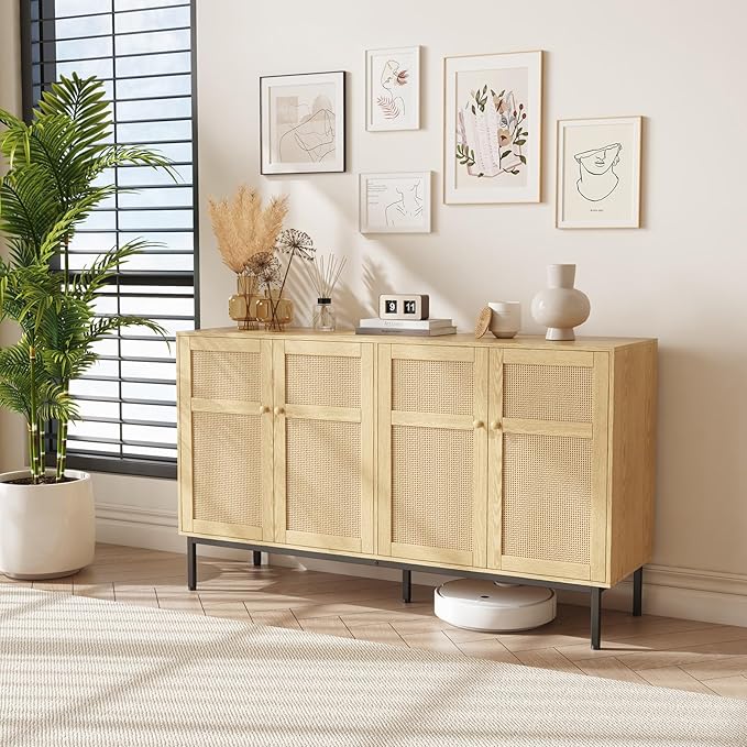 Lifewit Rattan Sideboard Buffet Cabinet, Console Table, Credenza, Storage Cabinet, Coffee Bar Cabinet for Kitchen, Dining Room, Living Room, Entryway, 4 Doors, Natural - LeafyLoom