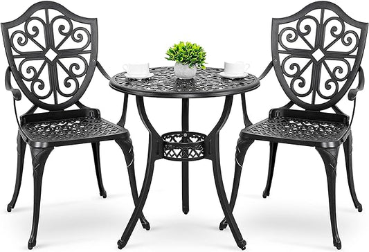 Nuu Garden Bistro Set 3 Piece Outdoor, Cast Aluminum Patio Bistro Sets with Umbrella Hole, Bistro Table and Chairs Set of 2 for Patio Backyard - LeafyLoom