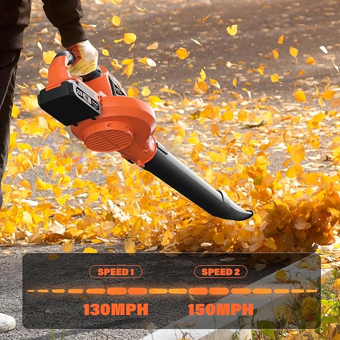 SOYUS Leaf Blower, 20V Leaf Blower Cordless with 2x2.0Ah Battery and Charger, 150 MPH Electric Leaf Blower with Two-Speed Mode, Blowers for Lawn Care, Debris Dust Cleaning(Orange) - LeafyLoom