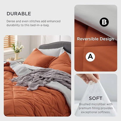 Bedsure Burnt Orange Twin XL Comforter Set - 5 Pieces Reversible Twin XL Bed in a Bag Twin XL Bed Set with Comforters, Sheets, Pillowcase & Sham, Twin XL Bedding Sets - LeafyLoom