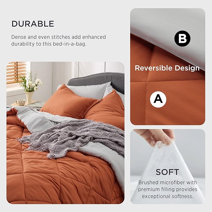 Bedsure Burnt Orange King Size Comforter Set - 7 Pieces Reversible King Bed in a Bag King Bed Set with Comforters, Sheets, Pillowcases & Shams, King Bedding Sets - LeafyLoom