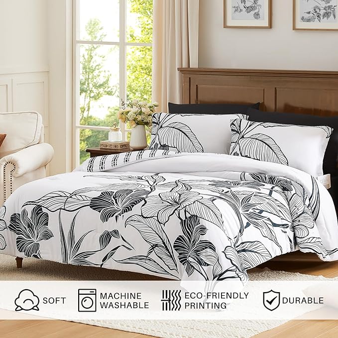 WRENSONGE Full Size Comforter Sets, 7 Pieces Black and White Floral Comforter Set with Sheets for Full Size Bed, Flower Pattern Bedding Sets Full, Soft Breathable Bed in a Bag for All Seasons - LeafyLoom