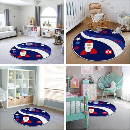 Eanpet Round Rug for Kids Room 4ft Nonslip Circle Area Rug for Boys and Girls Soft Toddlers Play Mat Circular Nursery Rug Indoor Floor Mats Carpet for Children Classroom Playroom Bedroom,Universe - LeafyLoom