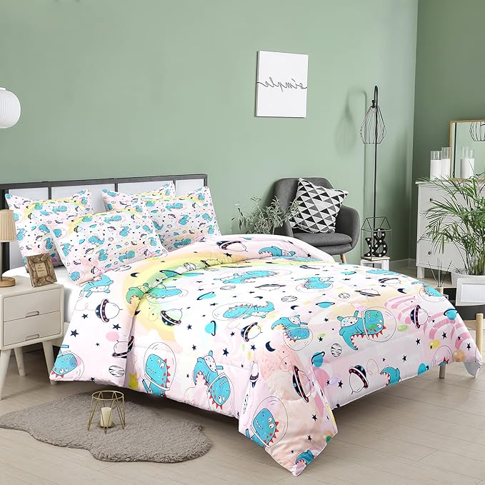 NINENINE Pink Dinosaur Bedding Set Colorful Rainbow Castle UFO Space Theme Comforter Set,Full Size Kids Bedding Sets for Boys Girls, Little Dinosaur Comforter Set with 1 Comforter 2 Pillowcases - LeafyLoom