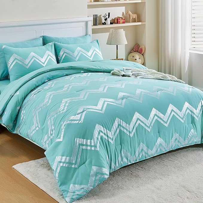 Wowelife 7 Pieces Comforter Set King Size Teal Silver Bedding Set Glitter Kids Bedding Set Blue Bed in a Bag Girls with Comforter, Flat Sheet, Fitted Sheet, 2 Pillow Shams and 2 Pillowcases - LeafyLoom