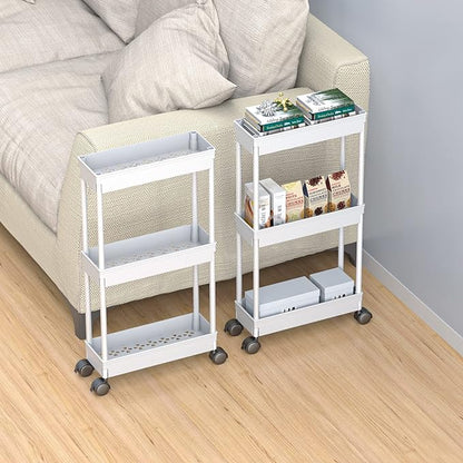 Sooyee 3 Tier Rolling Cart with Wheels,Slim Storage Cart,Narrow Storage Cabinet,Under Desk Storage,Rolling Utility Cart Storage Organizer for Office Bathroom Kitchen Laundry Room Narrow Places, White - LeafyLoom