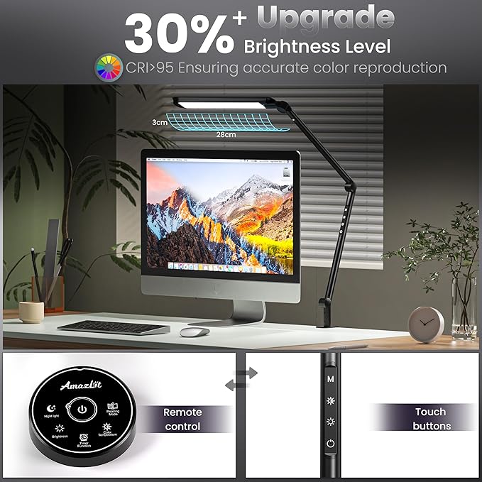 LED Desk Lamp with Clamp, 12W Eye-Caring Swing Arm Table Lamp, Stepless Dimming and Adjustable Color Temperature,Modern Architect Lamp with Memory and Timing Function for Study, Work, Home, Office - LeafyLoom