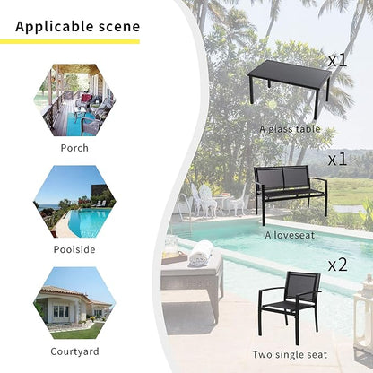 Shintenchi 4 Pieces Patio Furniture Set All Weather Textile Fabric Outdoor Conversation Set, with Glass Coffee Table, Loveseat, 2 Single Chairs for Home, Garden, Lawn, Porch（Black） - LeafyLoom