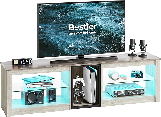 Bestier TV Stand for 70 inch TV, Gaming Entertainment Center for PS5, LED TV Cabinet with Glass Shelves for Living Room, 63'' Inch, White Wash - LeafyLoom