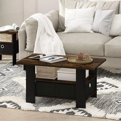 Furinno Andrey Coffee Table with Bin Drawer, Amber Pine/Black Small Non-Lift Top - LeafyLoom