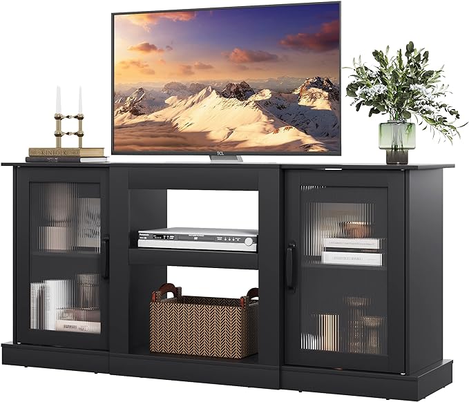 WLIVE Retro TV Stand for 65 inch TV, TV Console Cabinet with Storage, Open Shelves Entertainment Center for Living Room and Bedroom, Black - LeafyLoom