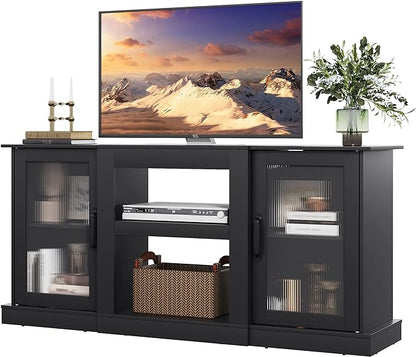 WLIVE Retro TV Stand for 65 inch TV, TV Console Cabinet with Storage, Open Shelves Entertainment Center for Living Room and Bedroom, Black - LeafyLoom