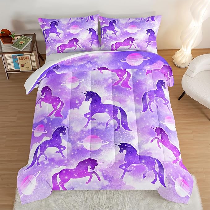 HOSIMA Purple Unicorn Bedding Sets for Girls Kids,3 Piece Soft Microfiber Galaxy Comforter Princess Crib Bedding Set Unicorn Bedroom Decor for Girls Room,Planet Cloud Queen Comforter Set. - LeafyLoom