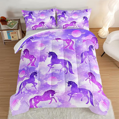 HOSIMA Purple Unicorn Bedding Sets for Girls Kids,3 Piece Soft Microfiber Galaxy Comforter Princess Crib Bedding Set Unicorn Bedroom Decor for Girls Room,Planet Cloud Full Size Bed in a Bag. - LeafyLoom