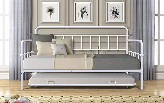 Twin Size Metal bed-Frame Daybed with trundle,Heavy Duty Steel Slat Support,Space Saving Sofa Bed,Modern 2 in 1 Sofa-Bed Frame for Kids Teens Adults,Bedroom Living Room Furniture,White - LeafyLoom