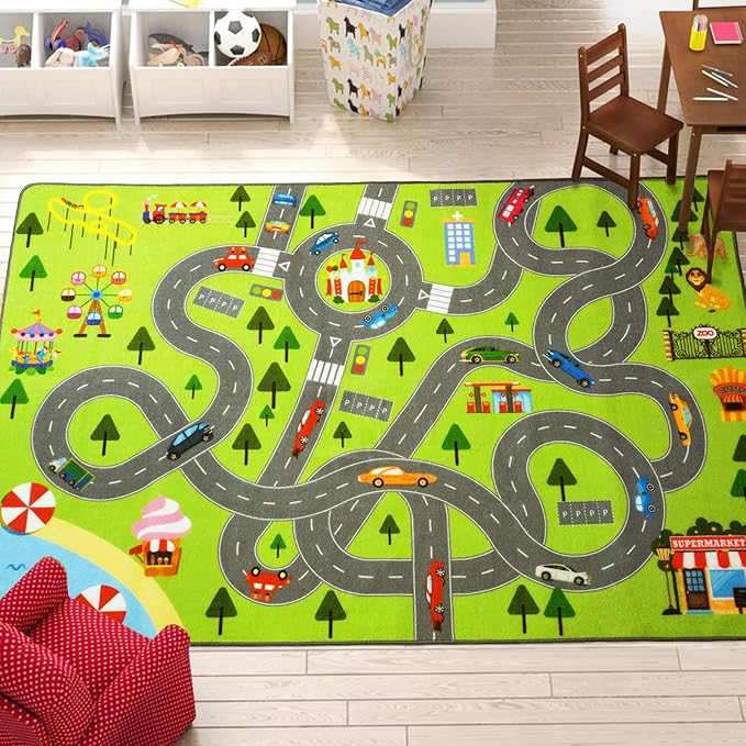 HOMORE Kids Play Mat Rug, Fun and Educational City Play Rug for Hot Wheels Track Racing and Toys, Kids Carpet Playmat Area Rug for Children Bedroom Play Room Nursery, 4x6 Feet - LeafyLoom