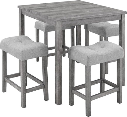 5 Piece Square, Industrial Breakfast Table + 4 Upholstered Stools, Bistro Dining Set, for Living, Small Apartment, Farmhouse, Game Room, Gray - LeafyLoom