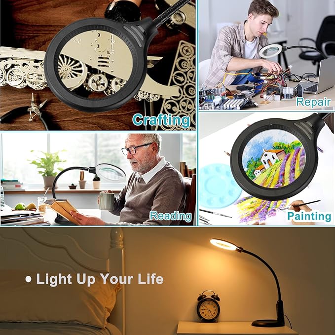 8X Magnifying Glass with Light and Clamp, 5 Color Modes Stepless Dimmable Lighted Magnifier with Stand, Flexible Gooseneck LED Desk Lamp Hands Free for Craft Reading Painting Hobby Close Work - LeafyLoom