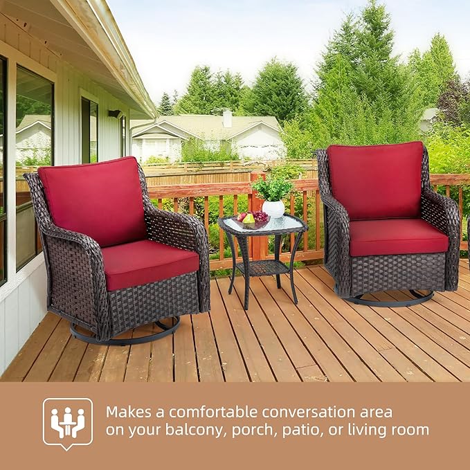 IDEALHOUSE 3 Pieces Outdoor Wicker Swivel Rocker Patio Set, 360-Degree Swivel Rocking Chair Elegant Wicker Patio Bistro Set with Tempered Glass Top Side Table (Rust Color) - LeafyLoom